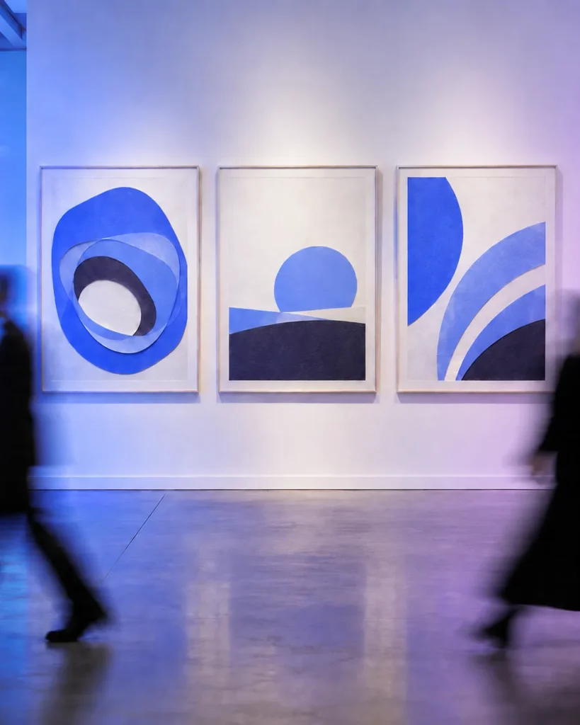 Galeria com quadros de formas azuis